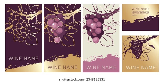 Collection labels for red wine. Vector illustration, set of backgrounds with grapes and gold strokes.	