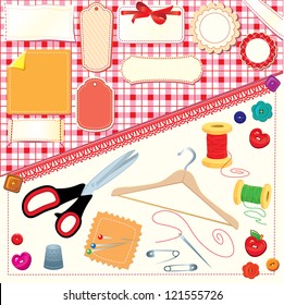 Collection of labels, sewing and knitting tools.