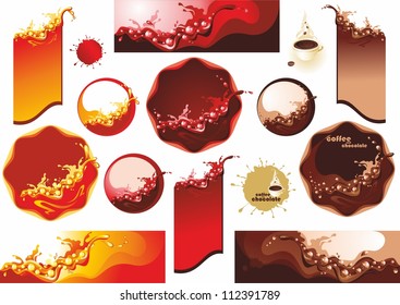 Collection labels . Splashes of coffee, juice and wine.  (vector illustration)