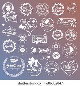 Collection of labels and stickers for natural cosmetics and beauty products. Vector illustrations on a stylized background, for cosmetics, healthcare, spa and wellness. 