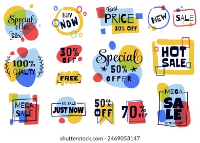 A collection of labels and stickers for sales, product promotion, special offers, and e-commerce. These vector illustrations are for creating web designs and marketing materials.