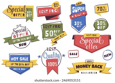 A collection of labels and stickers for sales, product promotion, special offers, and e-commerce. These vector illustrations are for creating web designs and marketing materials.