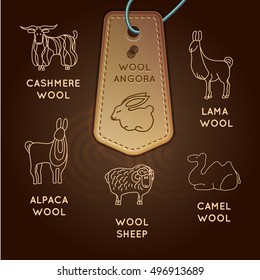 Collection of labels for the textile industry. Line drawings animals. Icons animal hair. Wool. Vector Illustration.