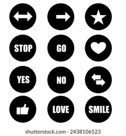 Collection of labels, vector graphics, in black and white, stop, go,yes,no,love,smile, heart, star