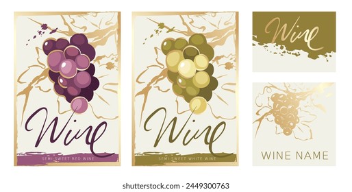 Colección para vinos blancos y tintos. Ilustraciones vectoriales, conjunto de fondos con uvas y trazos de oro.