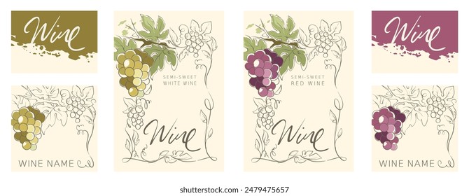 Collection labels for white and red wines. Vector illustrations, set of backgrounds with grapes and gold strokes.	