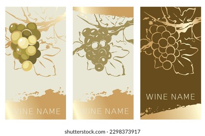 Etiquetas de colección para vino blanco. Ilustración vectorial, conjunto de fondos con patrones de oro y trazos de oro.	