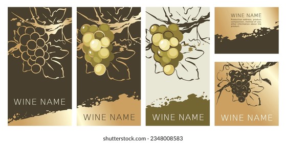 Etiquetas de colección para vino blanco. Ilustración vectorial, conjunto de fondos con uvas y trazos dorados.	