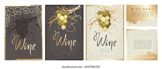 Etiquetas de colección para vino blanco. Ilustración vectorial, conjunto de fondos con uvas y trazos de oro.	