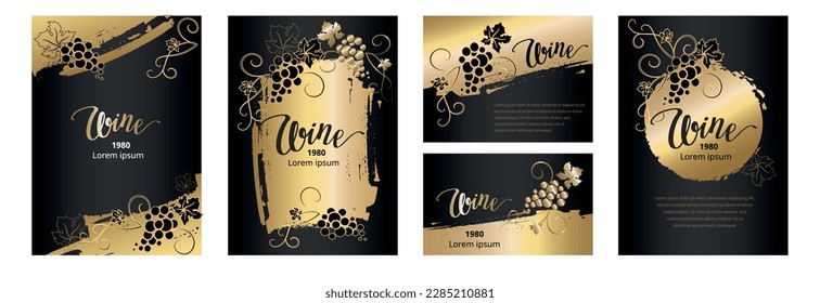 Collection labels for wine. Black and gold backgrounds with grapes. Vector illustration.