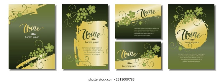 Collection labels for wine. Green and gold backgrounds with grapes. Vector illustration.