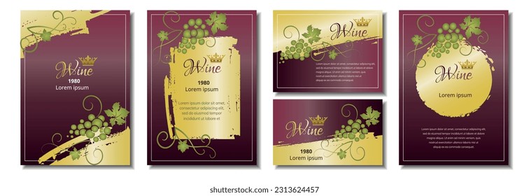 Collection labels for wine. Red and gold backgrounds with grapes. Vector illustration.