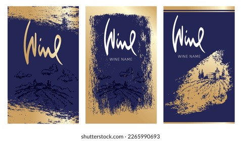 Etiquetas de colección para vinos. Ilustración vectorial, conjunto de fondos con uvas y trazos dorados.	