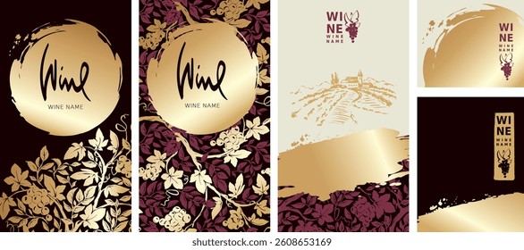 Collection labels for wine. Vector illustration, set of backgrounds with grapes, vineyard landscape and gold strokes. Eastern style, author's hand drawing.