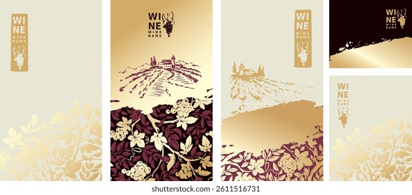 Collection labels for wine. Vector illustration, set of backgrounds with grapes, vineyard landscape and gold strokes. Eastern style, author's hand drawing.	
