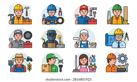 Collection of labor day worker profession icons featuring construction workers, electrician, plumber, carpenter, mechanic, welder, painter, architect, farmer, warehouse worker, cleaner and factory worker in flat outline vector style.