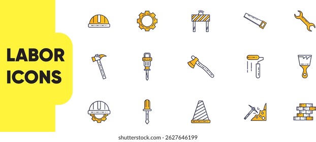 Collection of labor icons on a bright yellow and white background