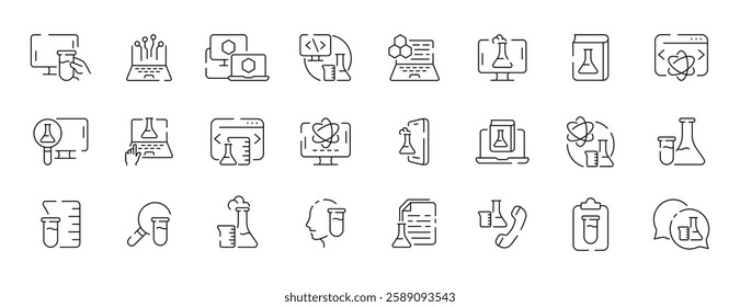 Collection of laboratory and chemistry science icons in line art style. Linear vector