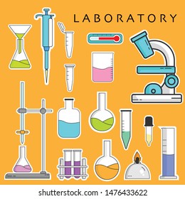 Collection Of Laboratory Equipment In Sticker Style. Kid Chemistry And Science Elements.vector Illustration