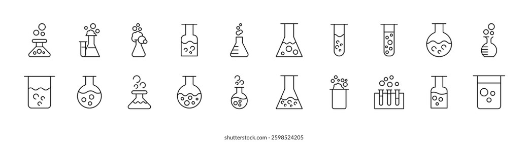 Collection of Laboratory Flask Related Line Icons. Outline Signs for Graphic and Web Design, Apps, Adverts, Various Cards