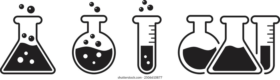 Kollektion von Vektorsymbolen für Laborglaswaren. Chemische Versuche in Kolben. Chemische und biologische Symbole oder Zeichen. Wissenschaftstechnologie. Vektorgrafik