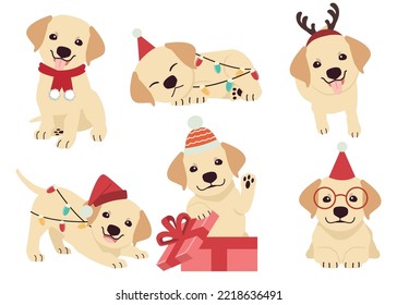 The collection of Labrador retriever in many actions for Christmas theme. Graphic resource about bulldog for graphic, content, etc.