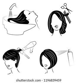 Collection. Lady in a beauty salon. The girl does her hair. A woman washes her hair, cuts her hair, dries a hair dryer, varnishes. Set of vector illustrations.