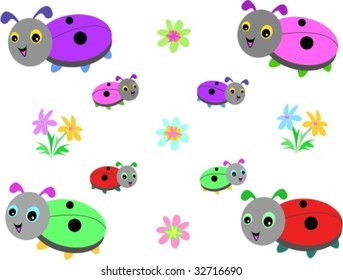 Collection of Lady Bugs and Flowers Vector