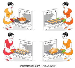 Collection. The lady is cooking food. The girl bakes in the oven different dishes, muffins, croissants, pie, goose, turkey. A woman is a good housewife. Vector illustration set.
