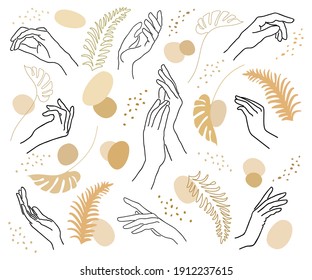 Collection. Lady hand silhouette. The girl is slim and elegant. There are leaves nearby. Suitable for advertising cosmetics. Vector illustration set.