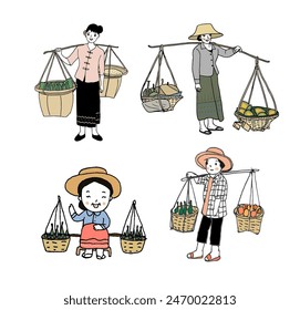 Collection of lady hawker. Street food concept. Hand drawn style vector illustration.