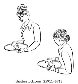 Collection. Lady silhouette. Beautiful girl serves two cups of tea, coffee on a tray. Vector illustrations set.