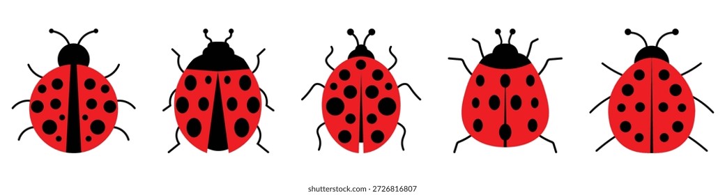 Colección del conjunto de iconos de mariquita. Elegante conjunto de Vector de mariquita con colores rojo y negro. Iconos de escarabajo rojo con manchas negras. Ilustración vectorial.