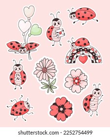 Colección de pegatinas de mariquita. Pequeño pájaro picante de insectos con globos, flores y arcoíris. Dibujos aislados de vectores para recolección, diseño e impresión de niños