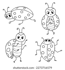 Collection ladybugs. Funny small insect. Vector illustration. Outline drawing. Isolated doodles ladybird for design, decor, kids collection, coloring book.