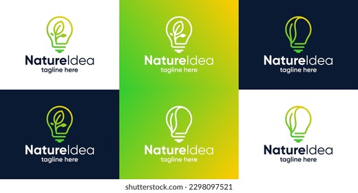 Colección del diseño del logotipo de la bombilla de la lámpara con el diseño del logotipo de la hoja ilustración vectorial gráfica. Símbolo de lámpara de ahorro de energía, icono, creativo.