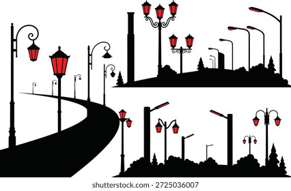 Uma coleção de silhuetas de postes de lâmpada com luzes vermelhas sobre um fundo branco, apresentando vários projetos de lâmpada de rua.