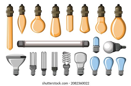 Collection of lamps for chandeliers, garlands, spotlights in trendy flat style.