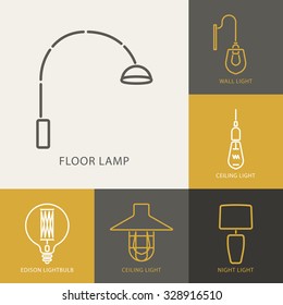 Collection of Lamps icons for design.Business Cover, Invitations, Brochure, Signs, Logos, Elements, Labels, Catalog elements. Loft style. Vector illustration