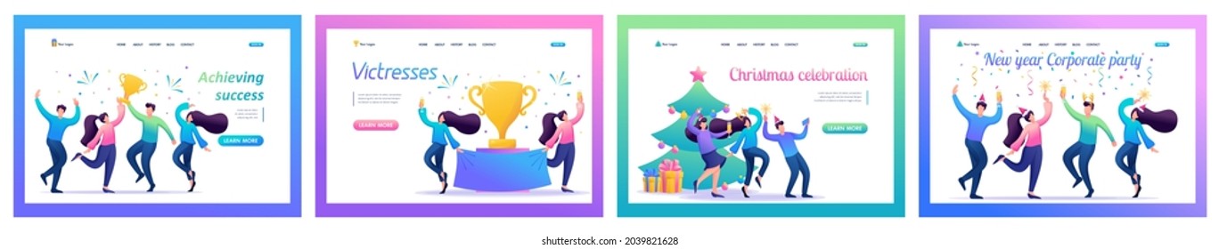 Collection of landing pages. Colleagues celebrate victory, rejoice, have fun, employees, teamwork, success. Isometric characters