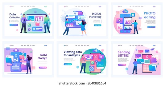 Collection of landing pages. Data storage and analysis, photo processing, email sending, digital marketing. 2D characters.