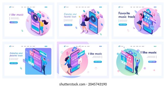 Collection of landing pages. Girls and boys listen to music, enjoy, dance, have fun. I love music. Isometric characters