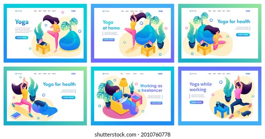Collection of landing pages Isometric about meditation. The girl does yoga, meditates, pumps internal installations, money meditation, healing meditation