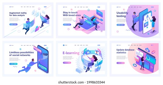 Collection of landing pages. Men and women use modern technologies, virtual reality, instant messengers, and online training. Isometric characters