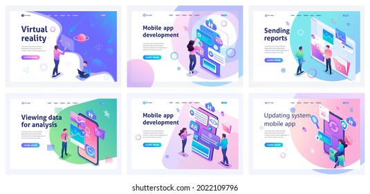 Colección de páginas de aterrizaje. Hombres y mujeres usan aplicaciones móviles. Realidad virtual, configuración de informes, análisis de datos, almacenamiento de datos. Caracteres isométricos