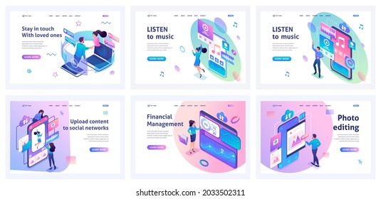 Collection of landing pages. Men and women communicate online, create social networks, listen to music, process photos. Mobile apps. Isometric characters. svg