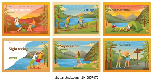 Collection of landing pages. Outdoor activities, camping trips, cycling, Nordic walking, lockdown recreation. 2D characters