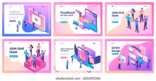 Collection of landing pages. People communicate using mobile apps, feedback, online conferences, employee search, problem solving, and brainstorming