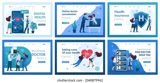 Collection of landing pages. Work of doctors with patients, consultation, examination, prescription of drugs. 2D characters.