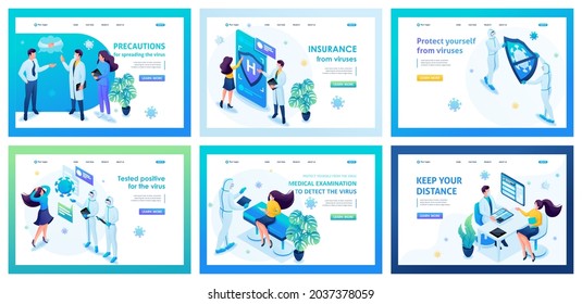 Collection of landing pages. Work of medical personnel during the epidemic, patient care, reception of patients, patient care. Isometric characters